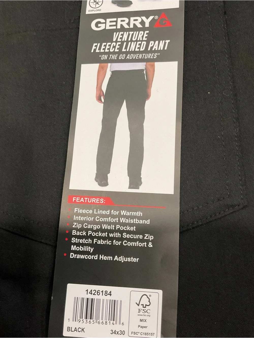 Gerry Mens Venture Fleece Lined Pants Black Water Resistant Stretch 34x30